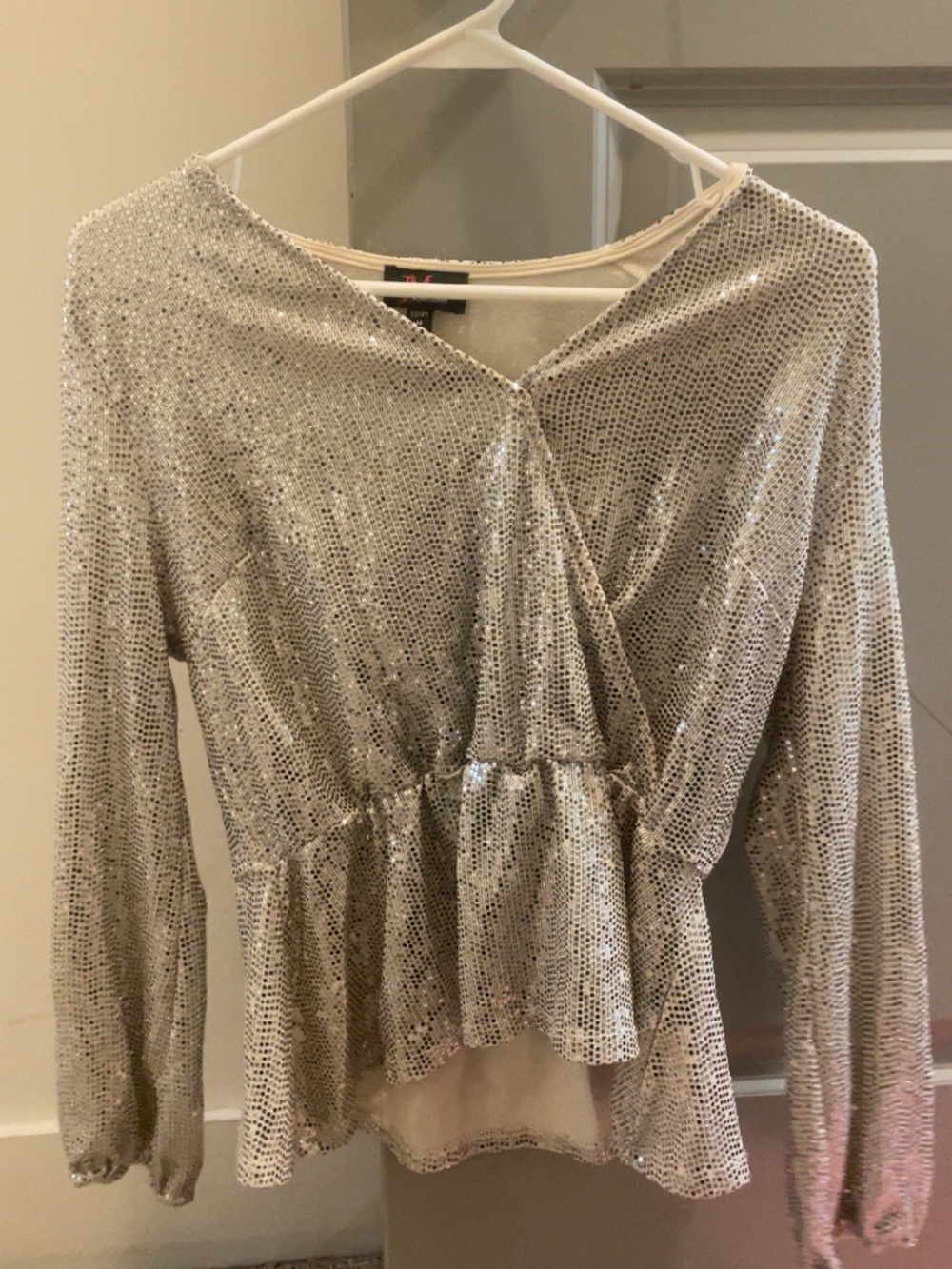 Silver Sequined Peplum Long-Sleeve Blouse